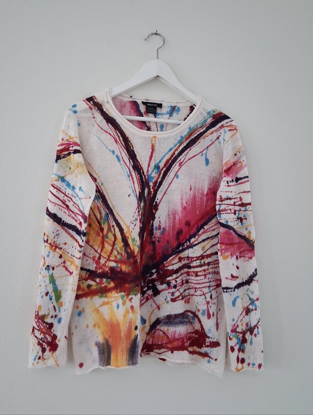 Avant Toi 100% Linen Knit Artsy Abstract Multicolor Splatter Round Neck Sweater